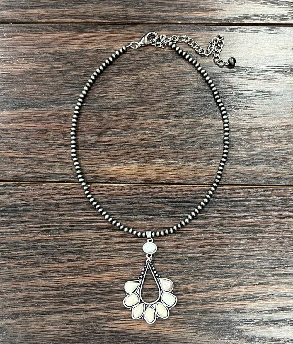 White Turquoise Pendant Necklace – Western Bead Chain, Adjustable 15–20"